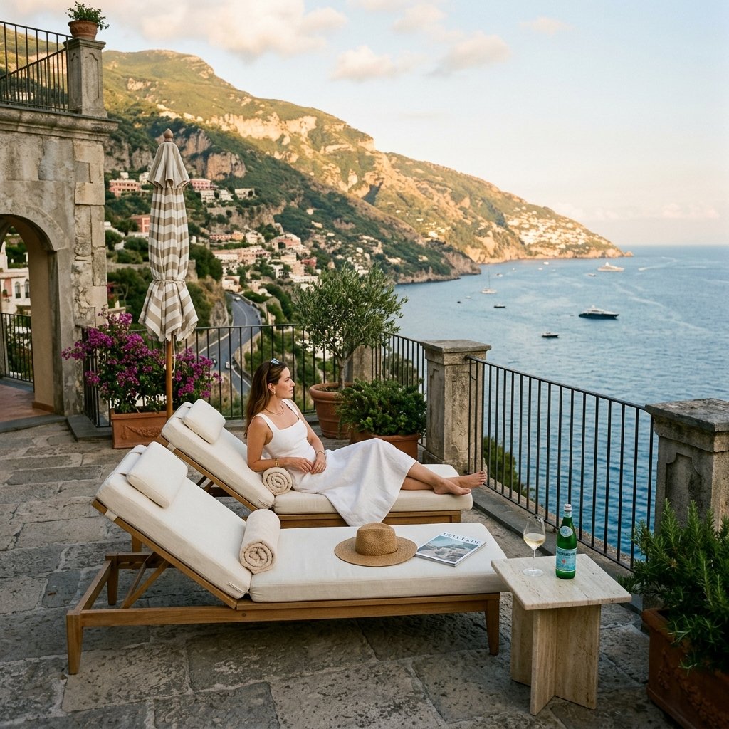 Luxury lounge patio facing the dramatic cliffs of the Amalfi Coast