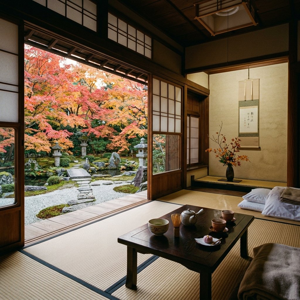 Tranquil traditional room looking out towards beautiful Kyoto gardens