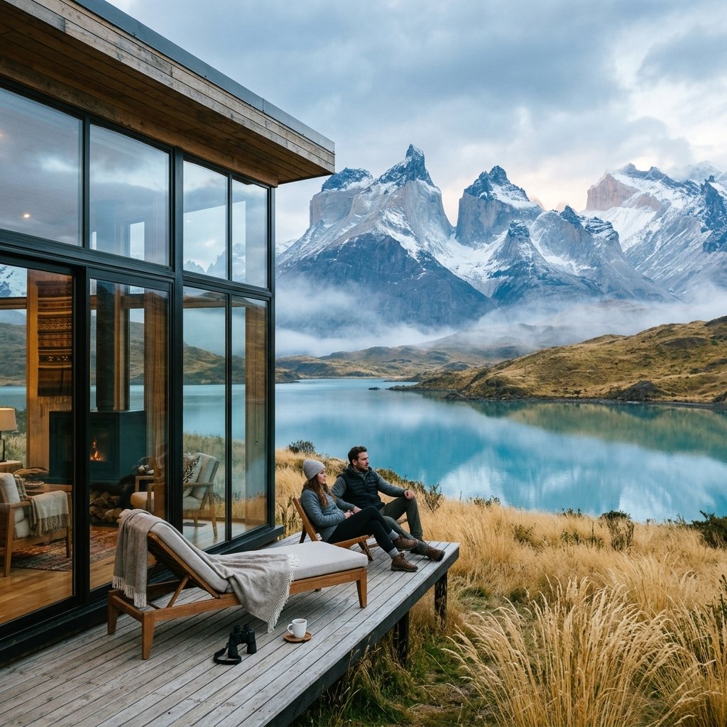 Modern eco dome resort view facing high snow-capped Patagonia mountains